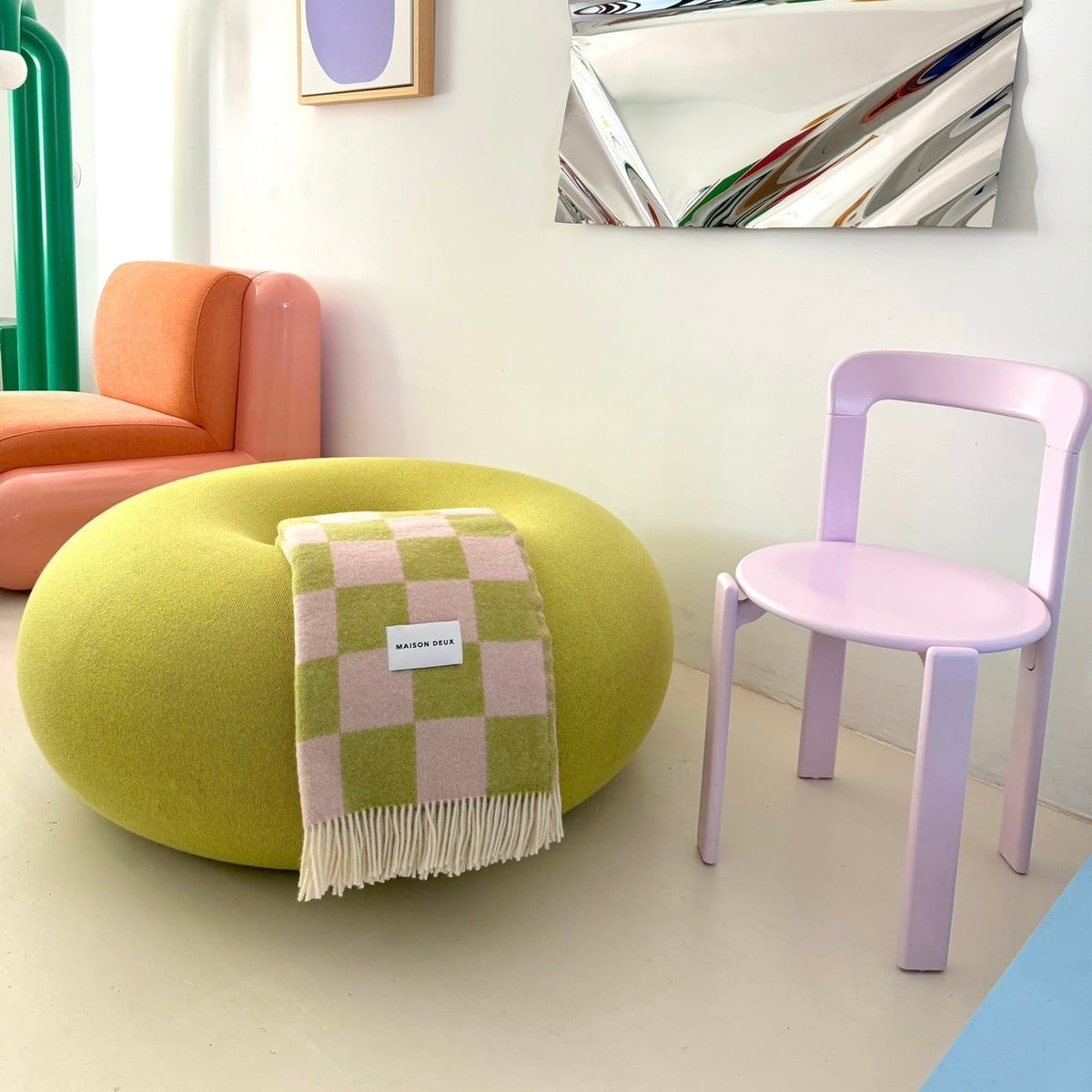 Maison Deux Decke “Schachbrett” Kiwi-Pink | 100% Wolle | Maison Deux