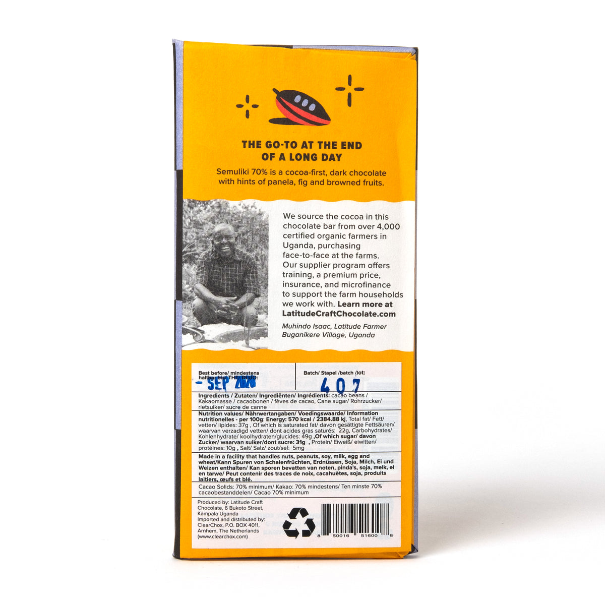 Latitude Schokolade „Semuliki 70%“ 70g | Dunkle Bio-Schokolade | Latitude
